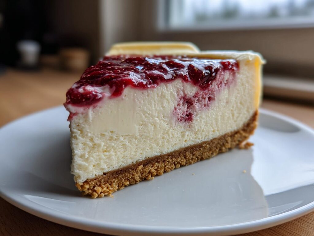 A close-up of a thick slice of creamy white chocolate cheesecake with a graham cracker crust and raspberry topping.