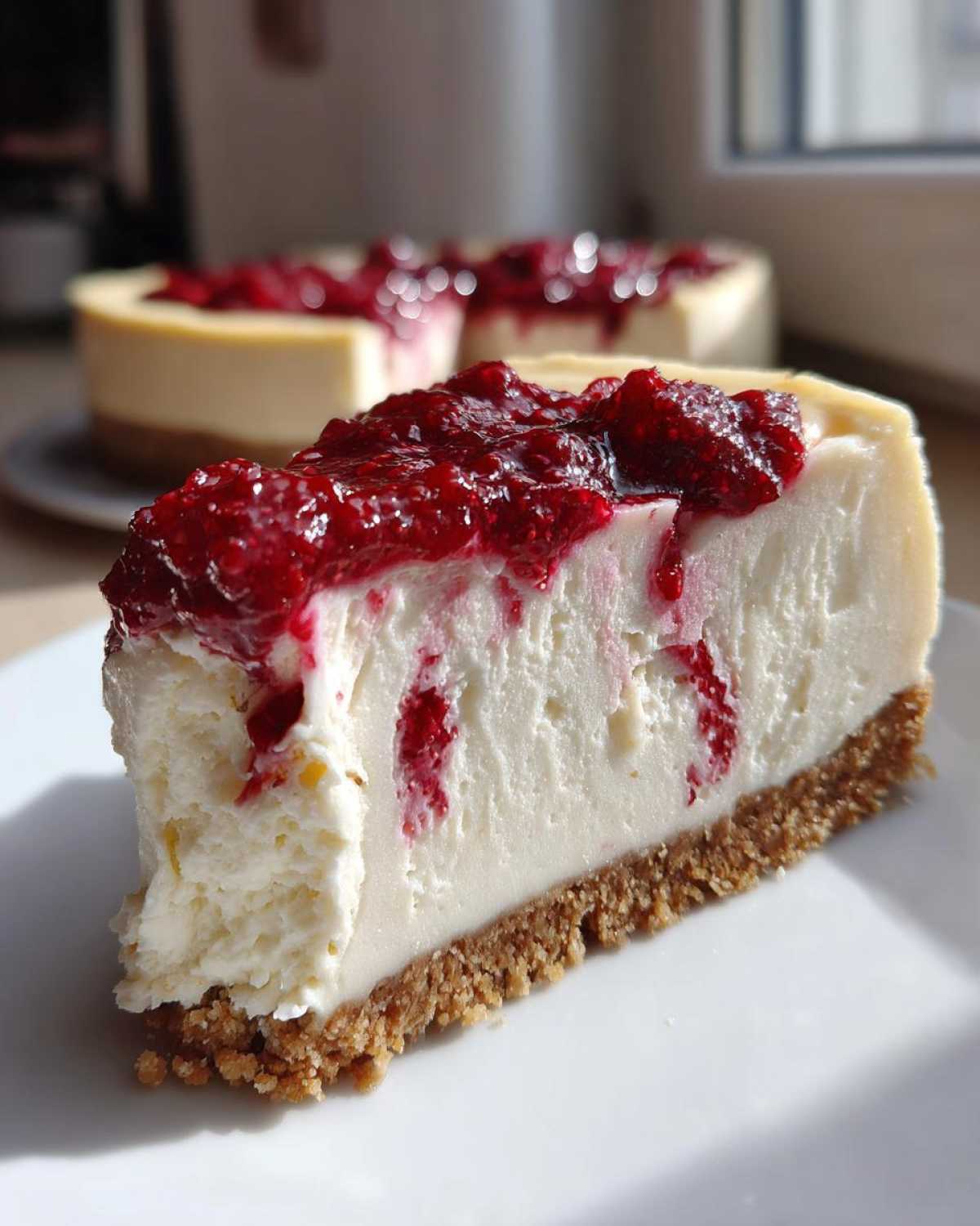 A close-up slice of creamy white chocolate cheesecake with a graham cracker crust and vibrant raspberry topping.