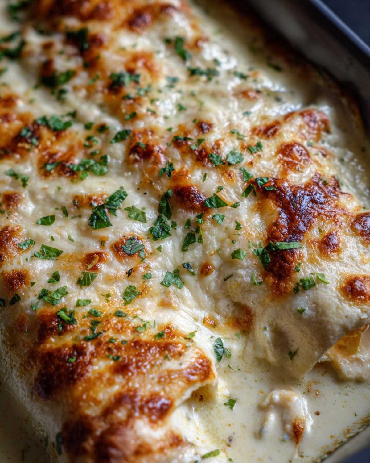 Close-up of baked chicken enchiladas smothered in a creamy white sauce and melted, browned cheese, sprinkled with parsley.