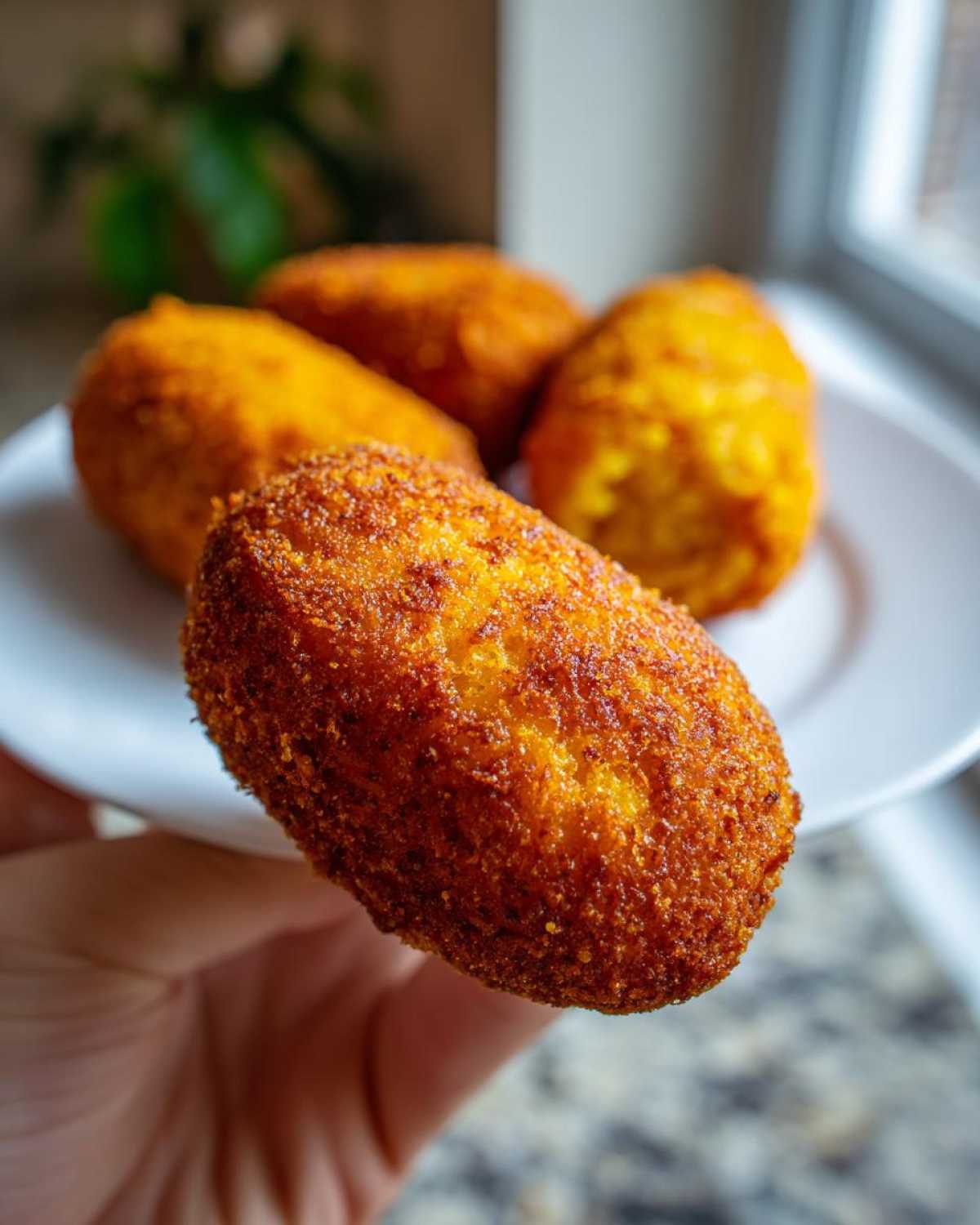A hand holds up one perfectly golden, crispy corn dog, with three others blurred in the background on a white plate.