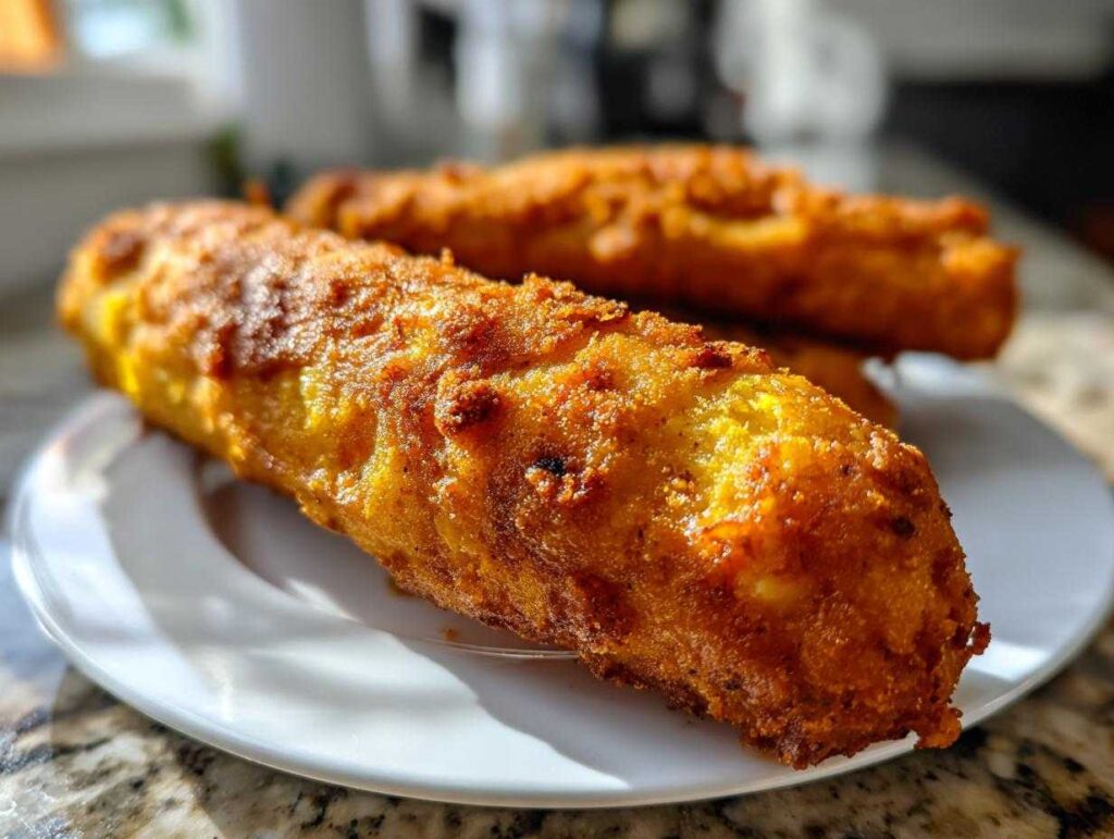 Close-up of two perfectly golden brown, crispy homemade corn dogs resting on a white plate.