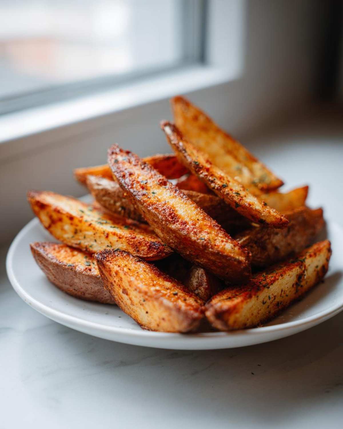 A close-up of perfectly crispy, golden-brown air fryer potato wedges seasoned with herbs piled on a white plate.