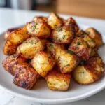 A close-up pile of golden brown, crispy breakfast potatoes seasoned with green herbs.