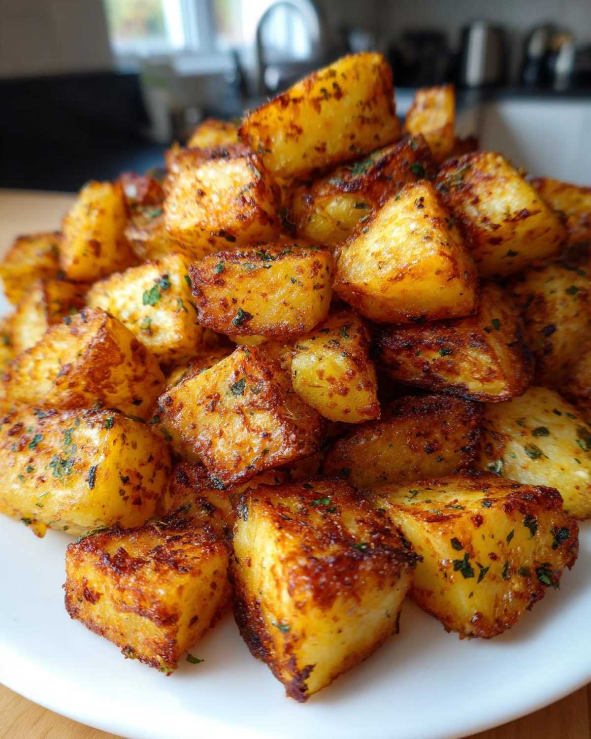 A close-up of perfectly crispy, golden-brown breakfast potatoes seasoned with herbs, piled high on a white plate.