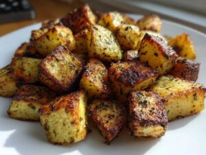 A pile of golden brown, crispy breakfast potatoes seasoned with herbs on a white plate.