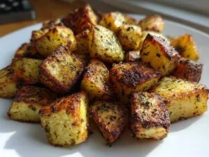 A pile of golden brown, crispy breakfast potatoes seasoned with herbs on a white plate.