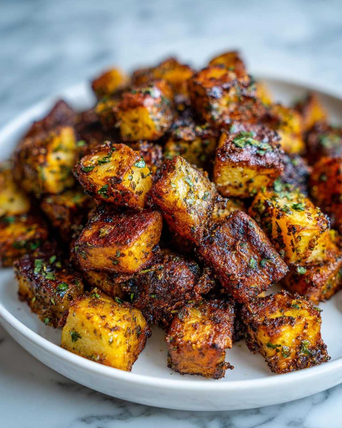 Close-up of perfectly crispy, golden-brown breakfast potatoes seasoned with herbs piled high on a white plate.