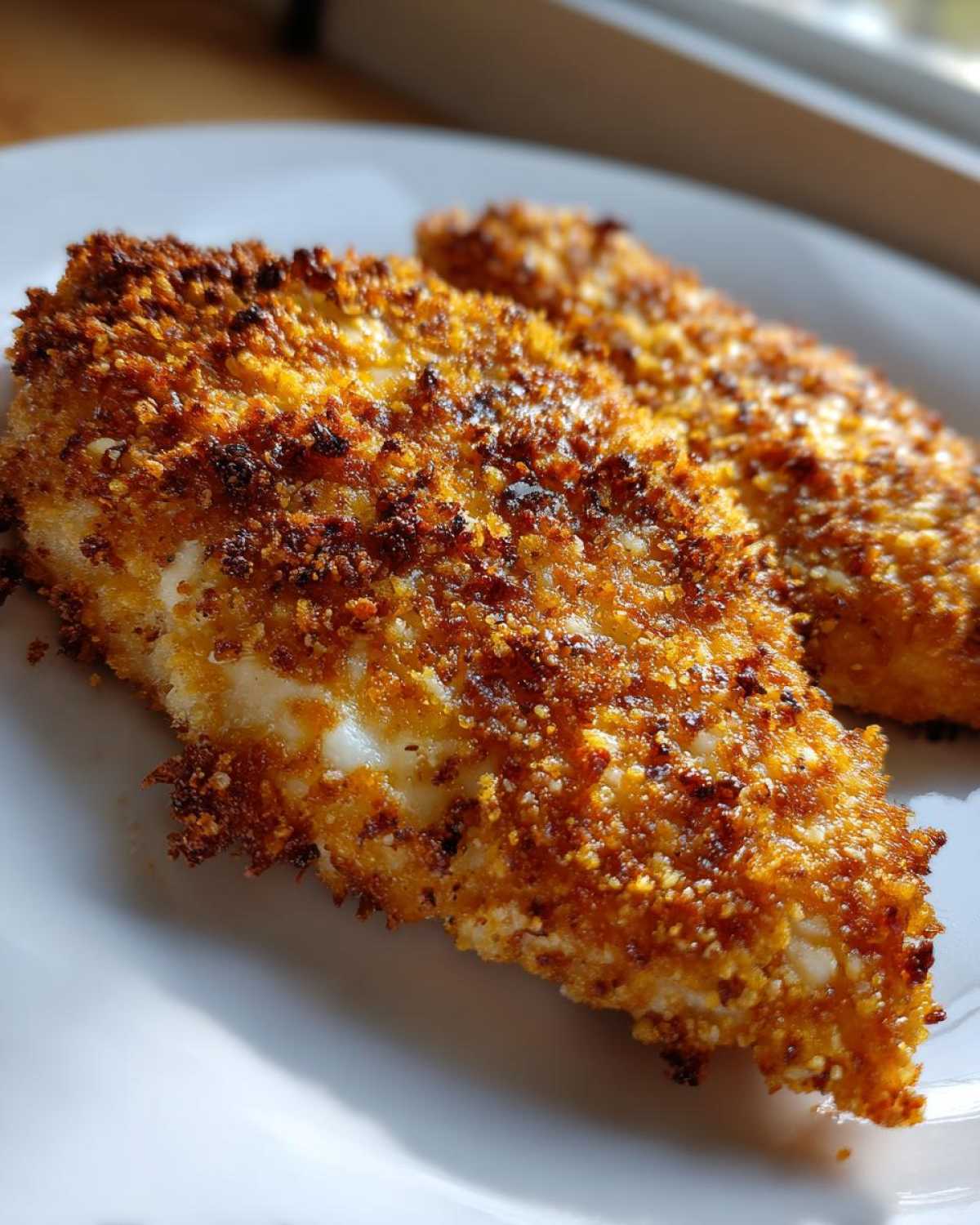 Close-up of two golden-brown, heavily crusted pieces of crispy cheddar chicken resting on a white plate.
