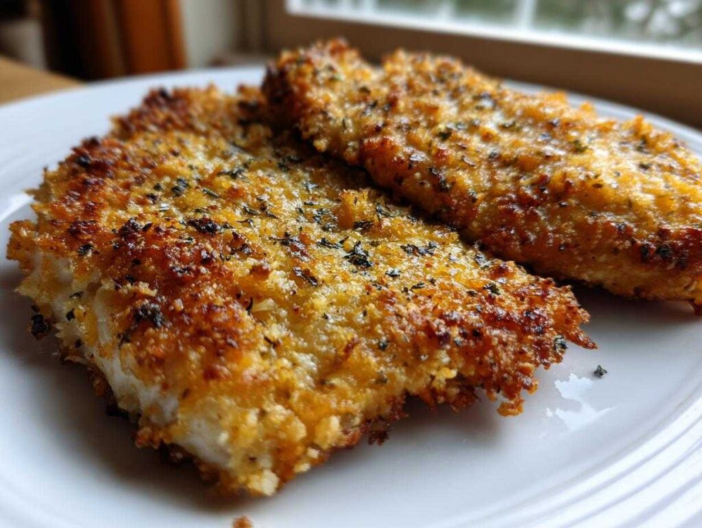 Close-up of two perfectly baked crispy cheddar chicken fillets with a golden-brown, herbed crust.