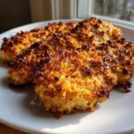 Three golden-brown, perfectly baked crispy cheddar chicken fillets resting on a white plate, showing a crunchy coating.