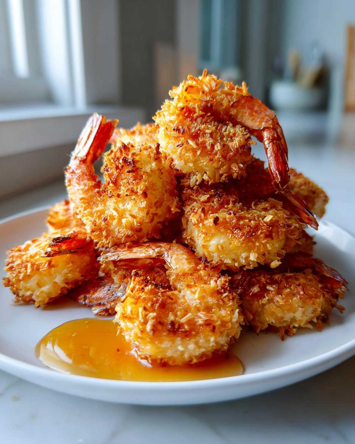 A tall stack of golden brown, crispy coconut shrimp served with a side of sweet dipping sauce.