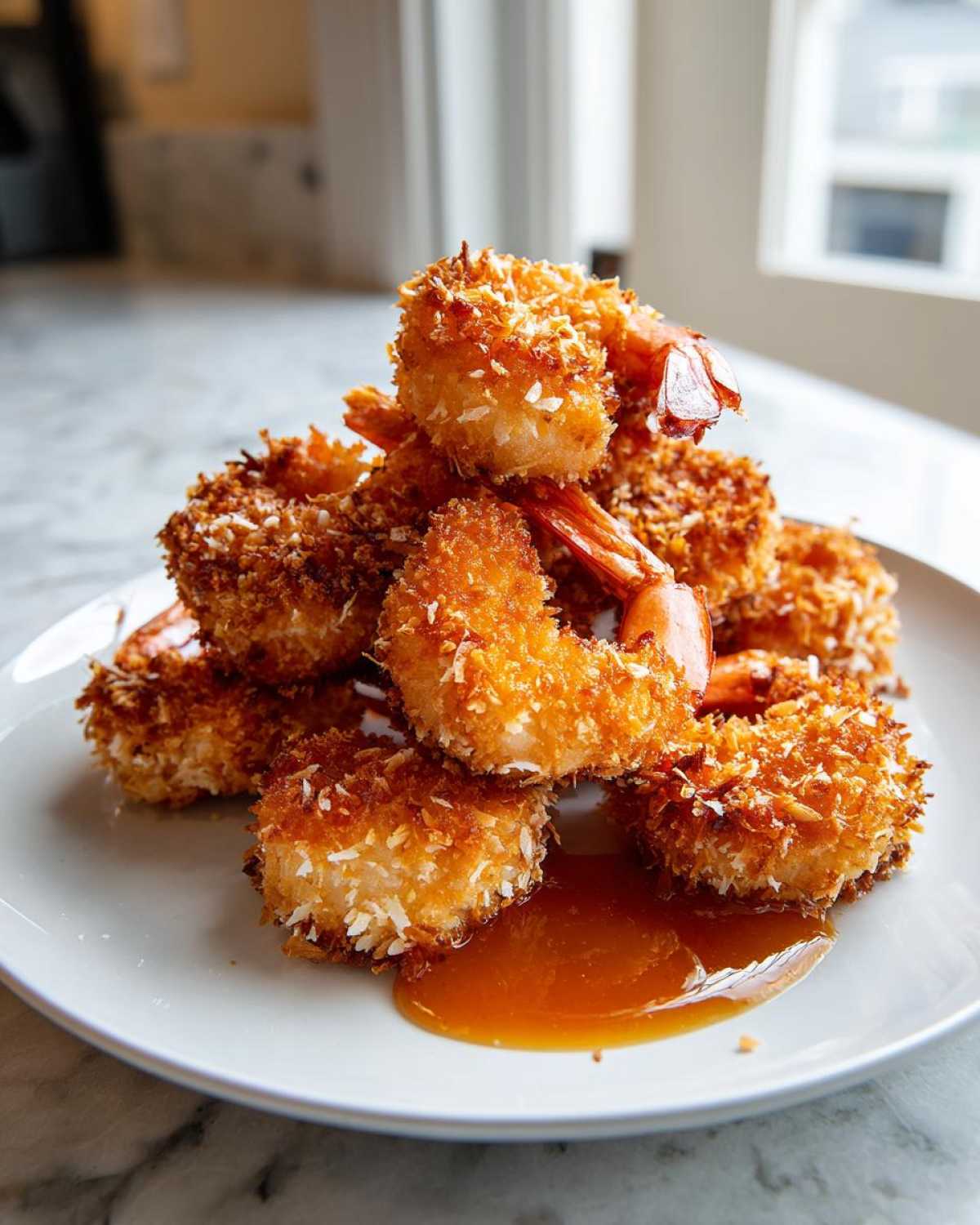 A stack of golden brown, crispy coconut shrimp piled high on a white plate with a pool of dipping sauce.
