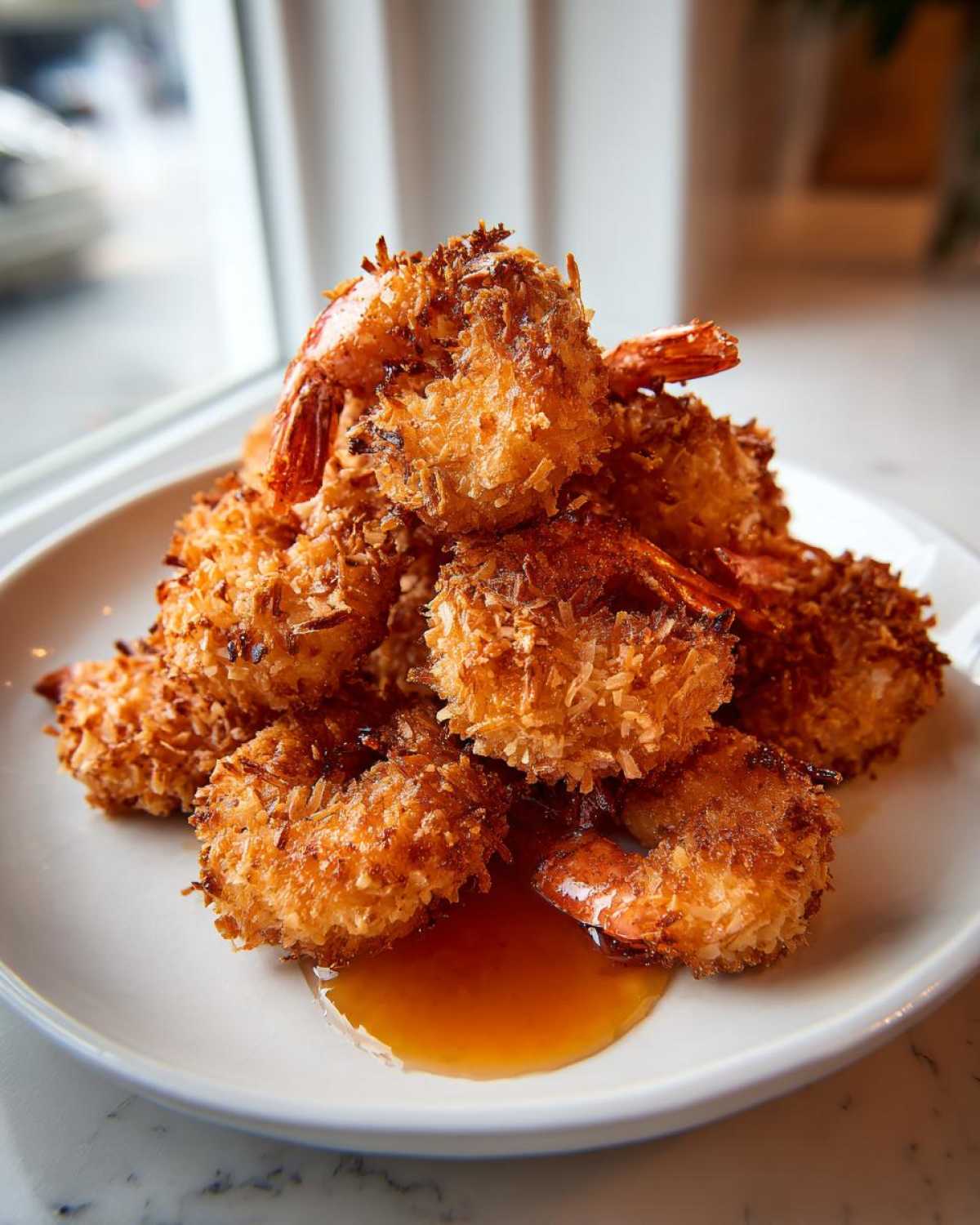 A stack of golden brown, crispy coconut shrimp piled on a white plate with a small pool of amber dipping sauce.