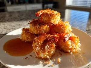A stack of golden brown, crispy coconut shrimp served with a side of dipping sauce on a white plate.