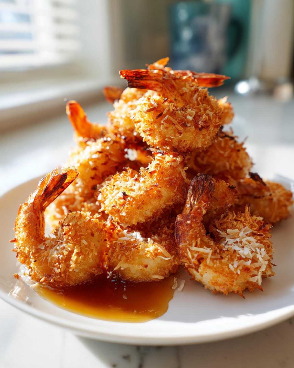 A stack of golden brown, crispy coconut shrimp piled on a white plate with a small pool of brown dipping sauce.