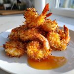 A pile of golden brown, crispy coconut shrimp served on a white plate with a side of orange dipping sauce.