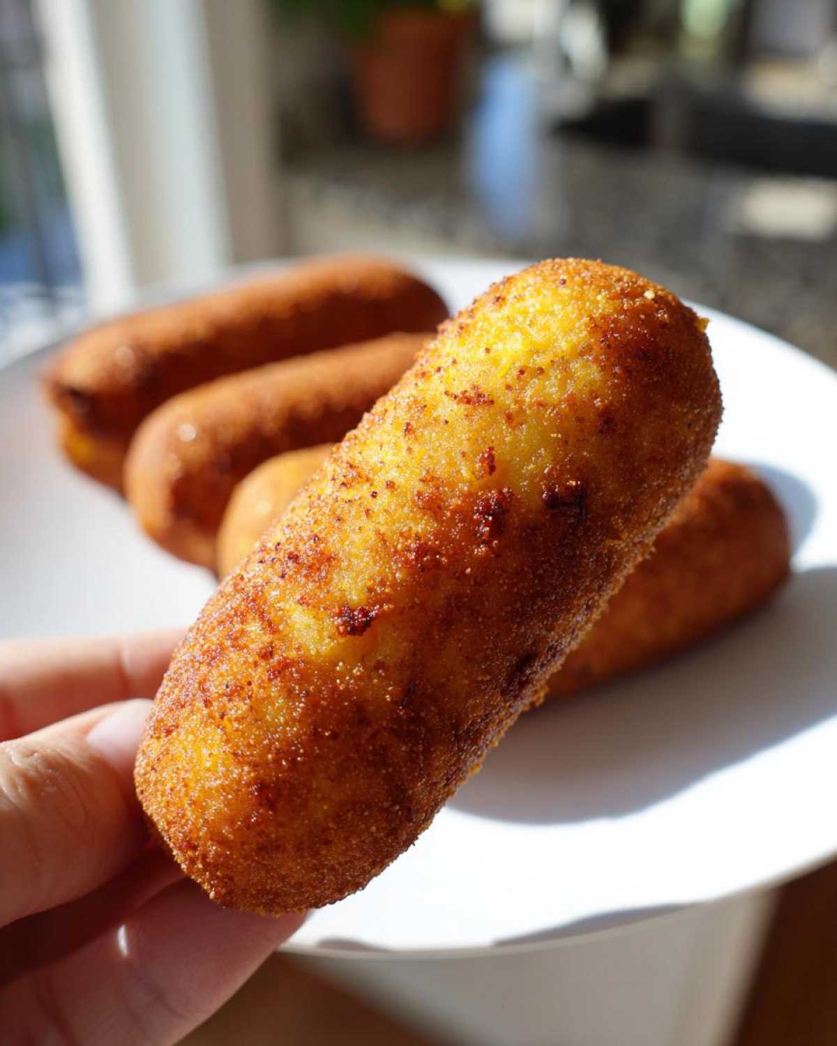 Close-up of a hand holding one perfectly golden and crispy homemade corn dogs, with more in the background.