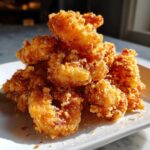 A close-up, appetizing pile of golden brown, crispy fried shrimp dusted with seasoning on a white plate.