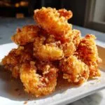 A close-up, appetizing pile of golden brown, crispy fried shrimp dusted with seasoning on a white plate.