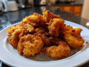 A generous pile of golden brown, perfectly crispy fried shrimp served on a white plate.