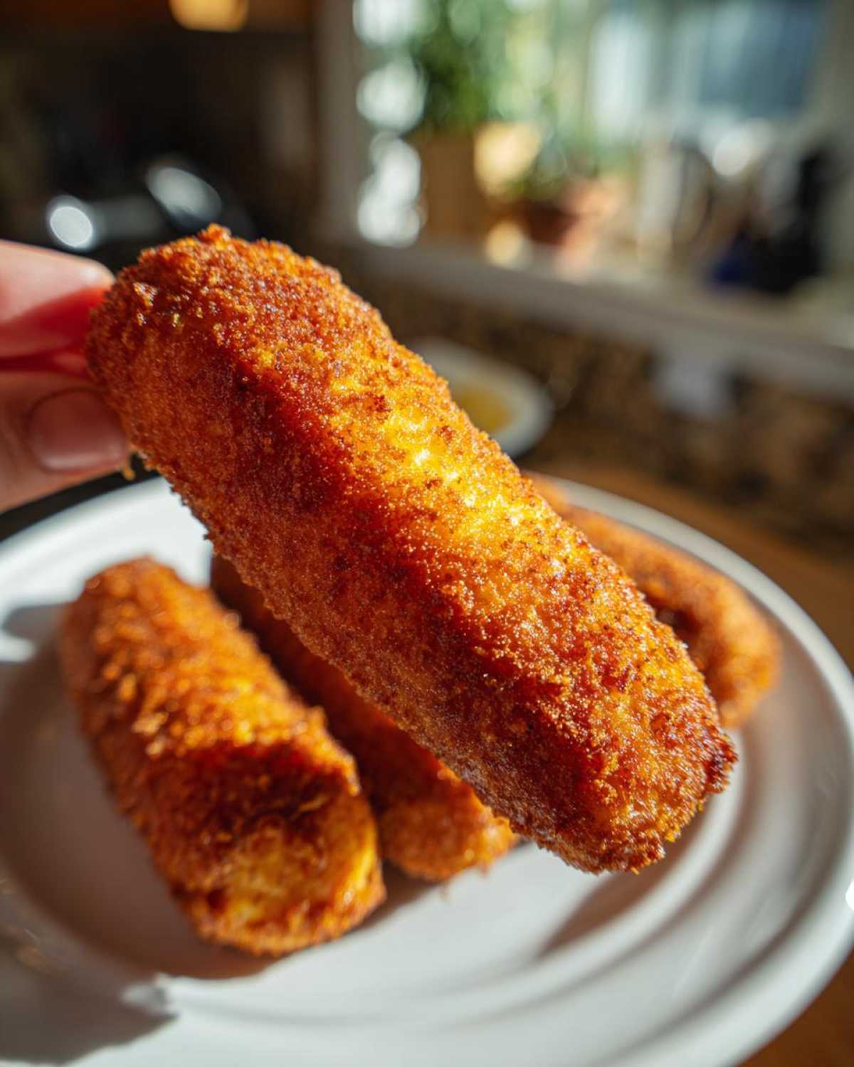 A hand holding up one perfectly golden brown, crispy corn dog over a plate of several others.