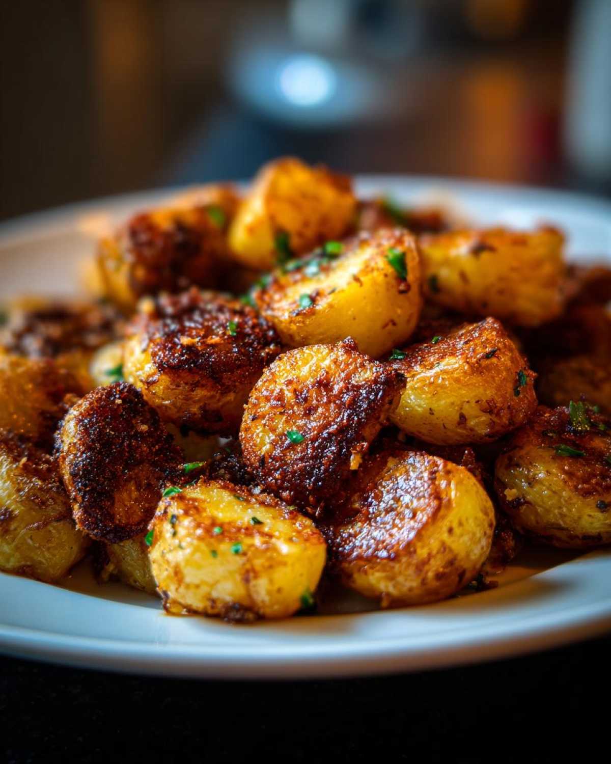Close-up of perfectly golden and crispy oven roasted potatoes garnished with fresh green herbs.