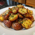 A pile of perfectly crispy oven roasted potatoes, seasoned with garlic and fresh parsley, served on a white plate.