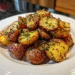 A pile of perfectly crispy oven roasted potatoes, seasoned with garlic and fresh parsley, served on a white plate.