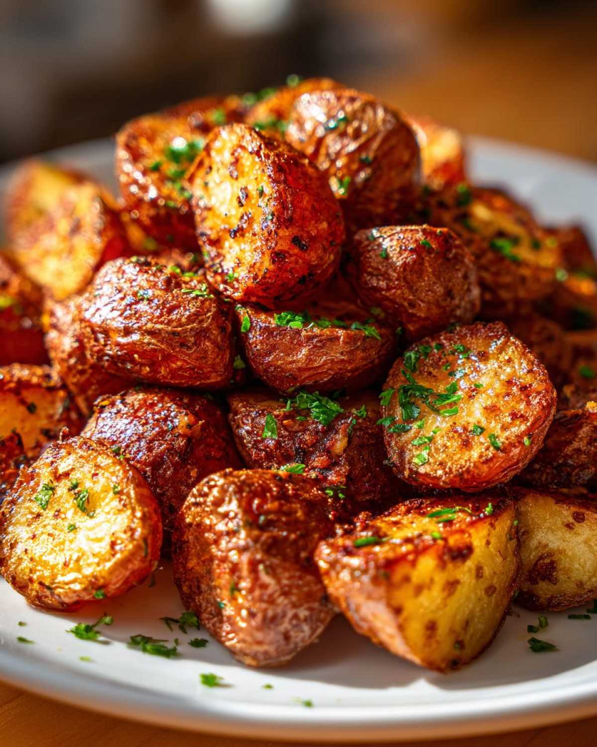 Close-up of a mound of golden brown, crispy oven roasted potatoes garnished with fresh parsley.