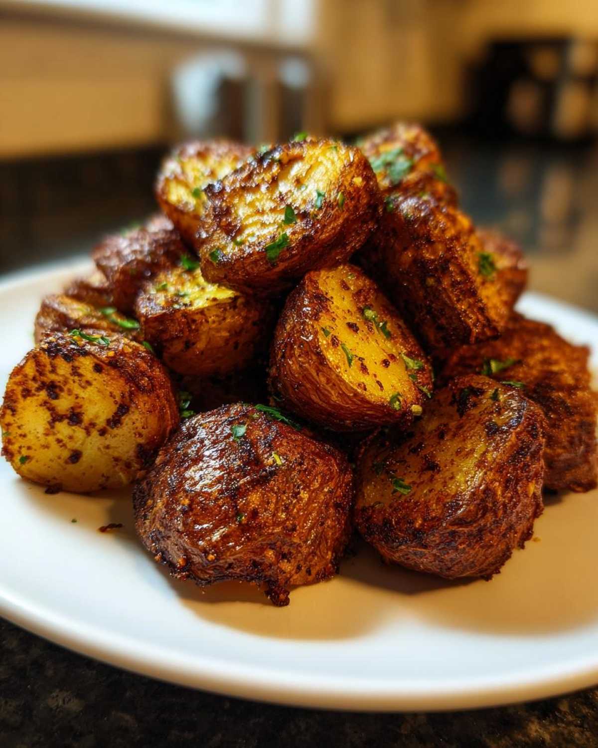 A close-up of perfectly crispy, golden-brown oven roasted potatoes piled high on a white plate, garnished with parsley.