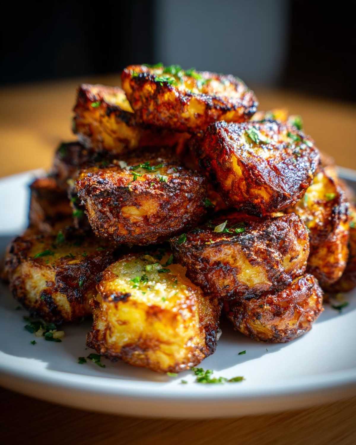 A close-up stack of golden brown, crispy oven roasted potatoes garnished with fresh parsley.