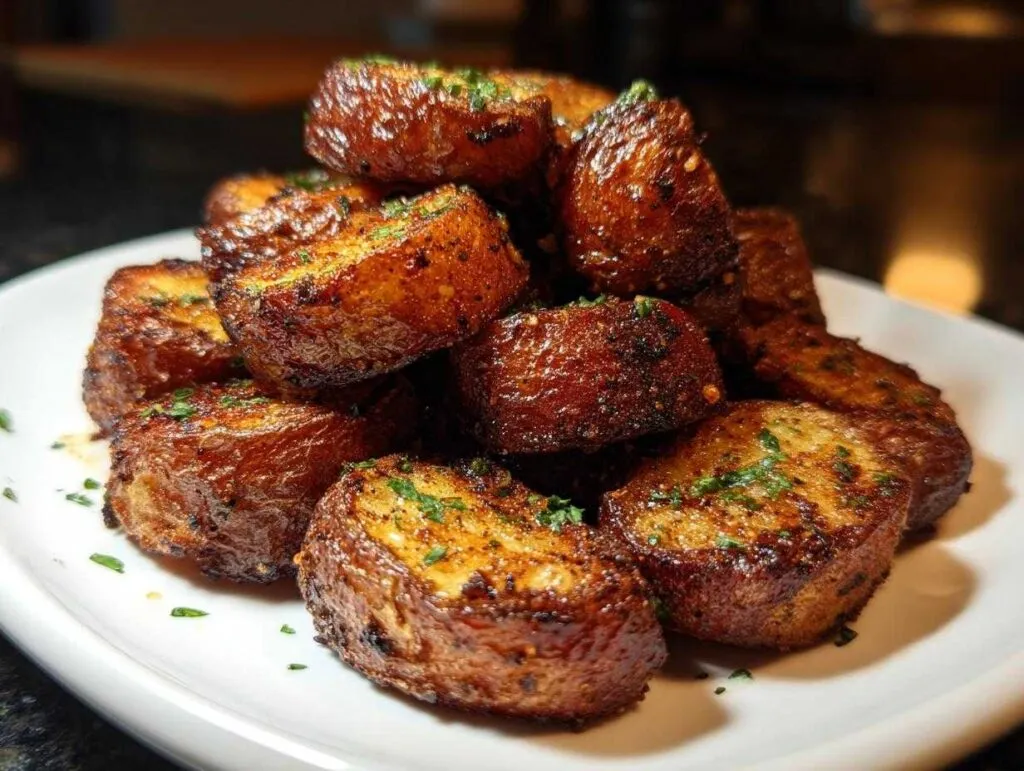 A pile of perfectly browned and crispy oven roasted potatoes seasoned with herbs on a white serving dish.