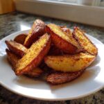 A pile of perfectly crispy, seasoned air fryer potato wedges served on a white plate under bright light.