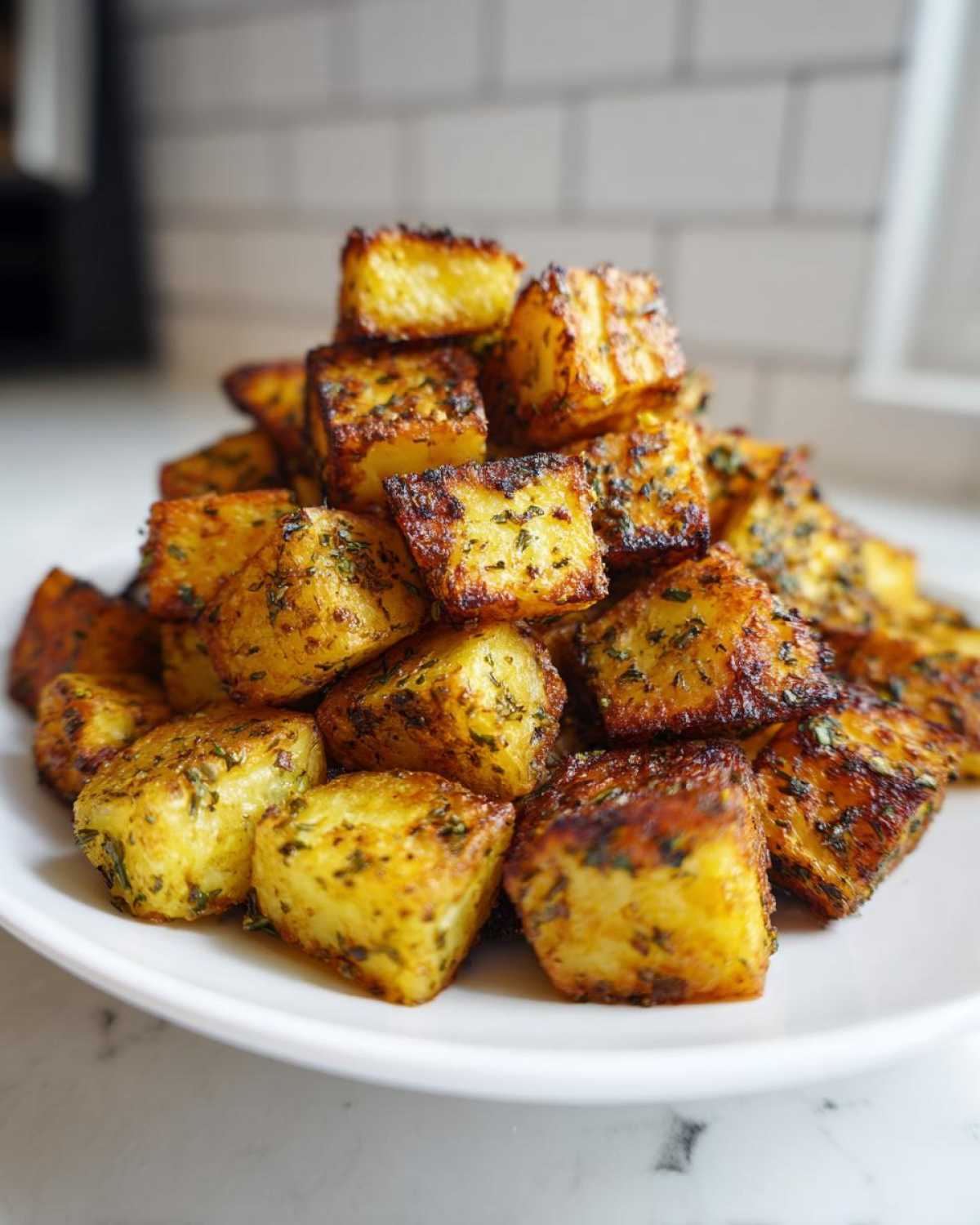 A close-up of perfectly crispy, golden-brown breakfast potatoes seasoned with herbs, piled high on a white plate.
