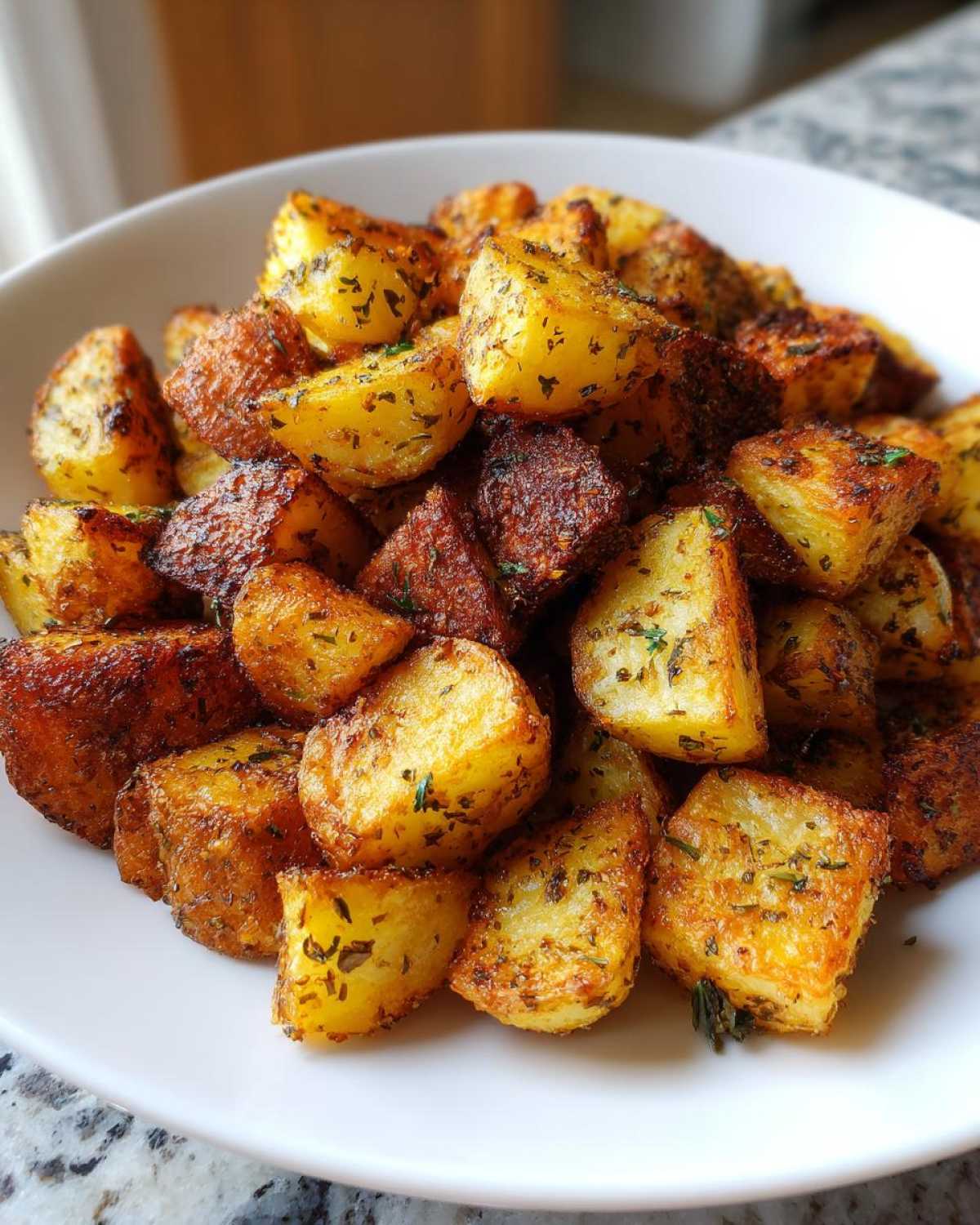 A close-up of perfectly crispy, golden-brown breakfast potatoes seasoned with herbs, served in a white bowl.