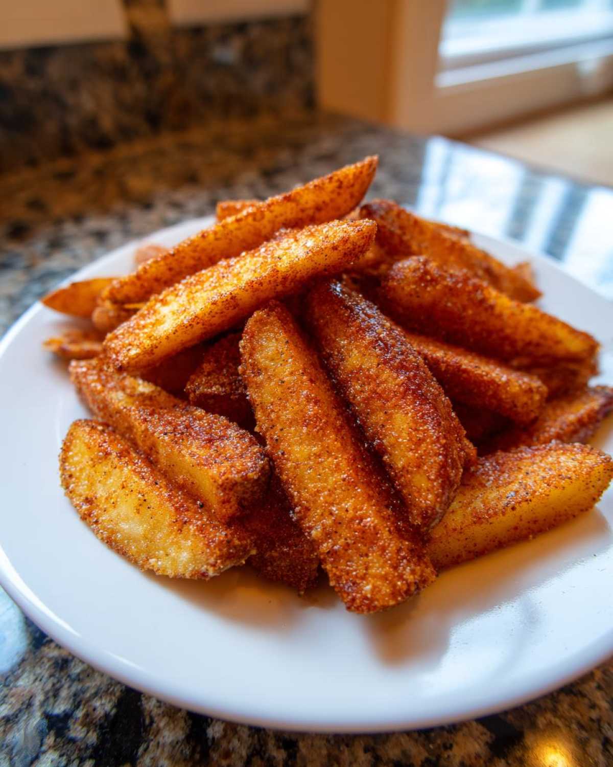 Close-up of a pile of golden, crispy seasoned potato wedges served on a white plate.