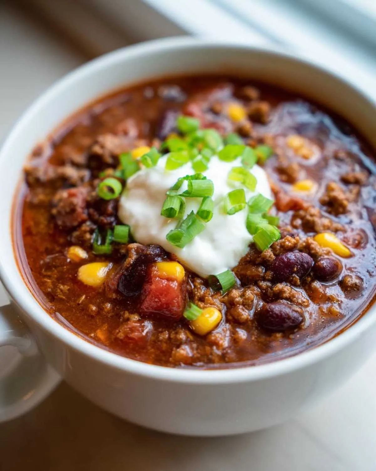 Close-up of a bowl of rich crockpot cowboy soup topped with sour cream and chopped green onions.
