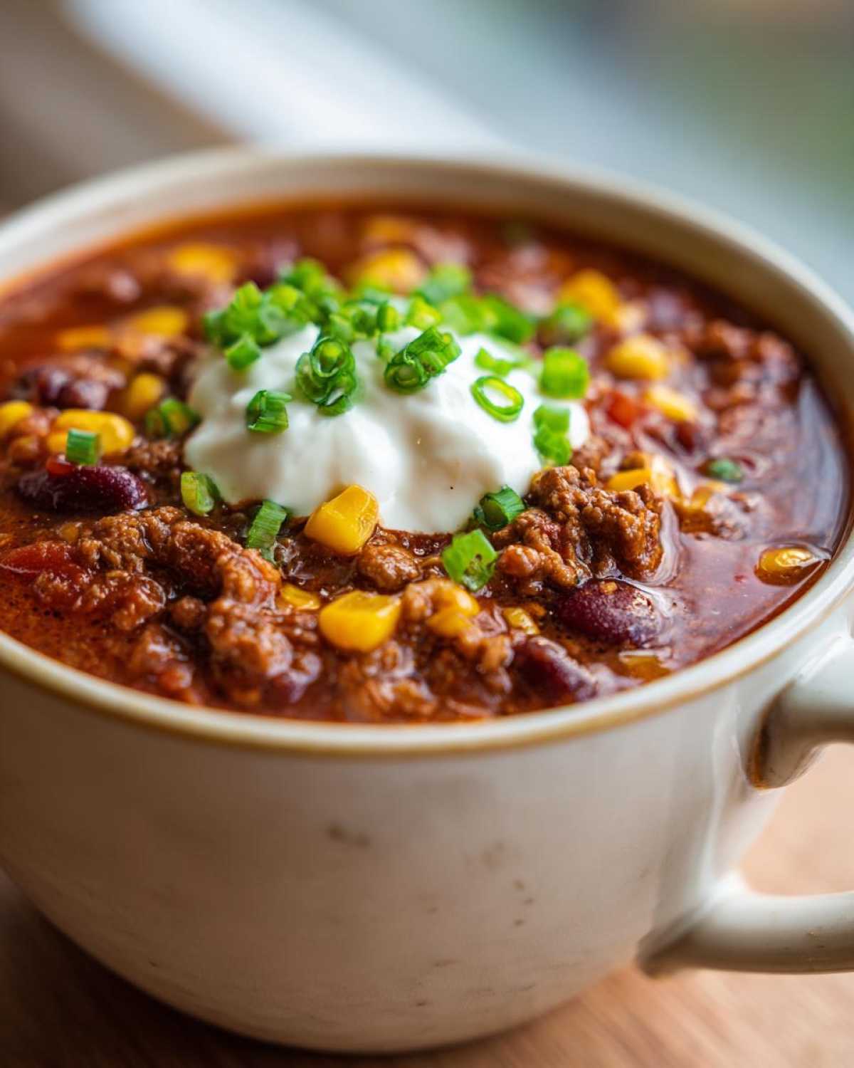 A close-up of a hearty bowl of crockpot cowboy soup topped with sour cream and green onions.