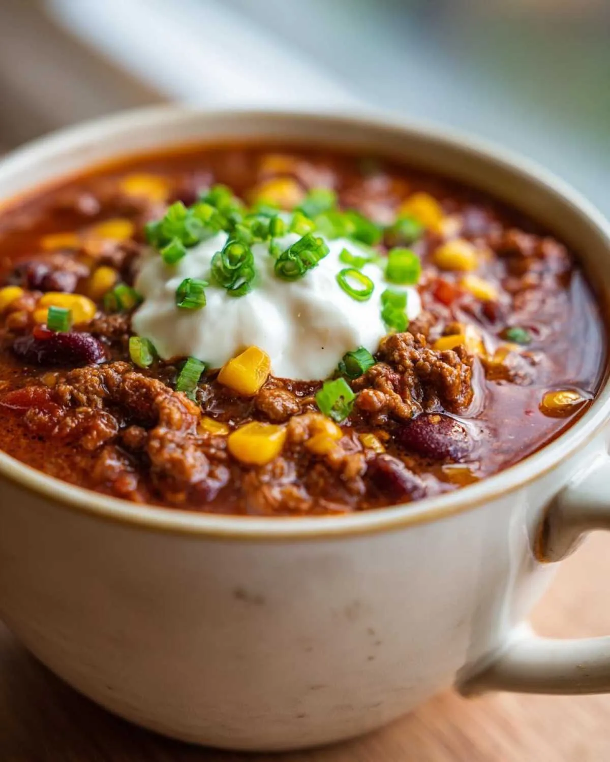 A close-up of a hearty bowl of crockpot cowboy soup topped with sour cream and green onions.