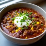 A close-up of a bowl of rich, thick crockpot cowboy soup garnished with sour cream and fresh chopped green onions.