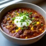A close-up of a bowl of rich, thick crockpot cowboy soup garnished with sour cream and fresh chopped green onions.