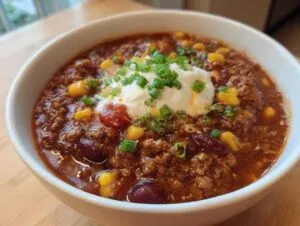 A close-up of a rich, thick crockpot cowboy soup topped with sour cream, corn, and green onions.