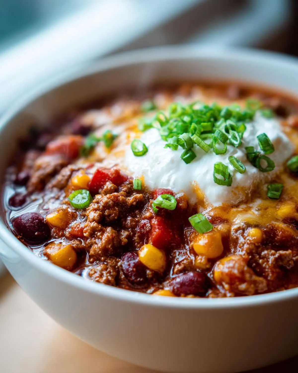 Close-up of a bowl of steaming crockpot cowboy soup, topped with sour cream, shredded cheese, and chopped green onions.