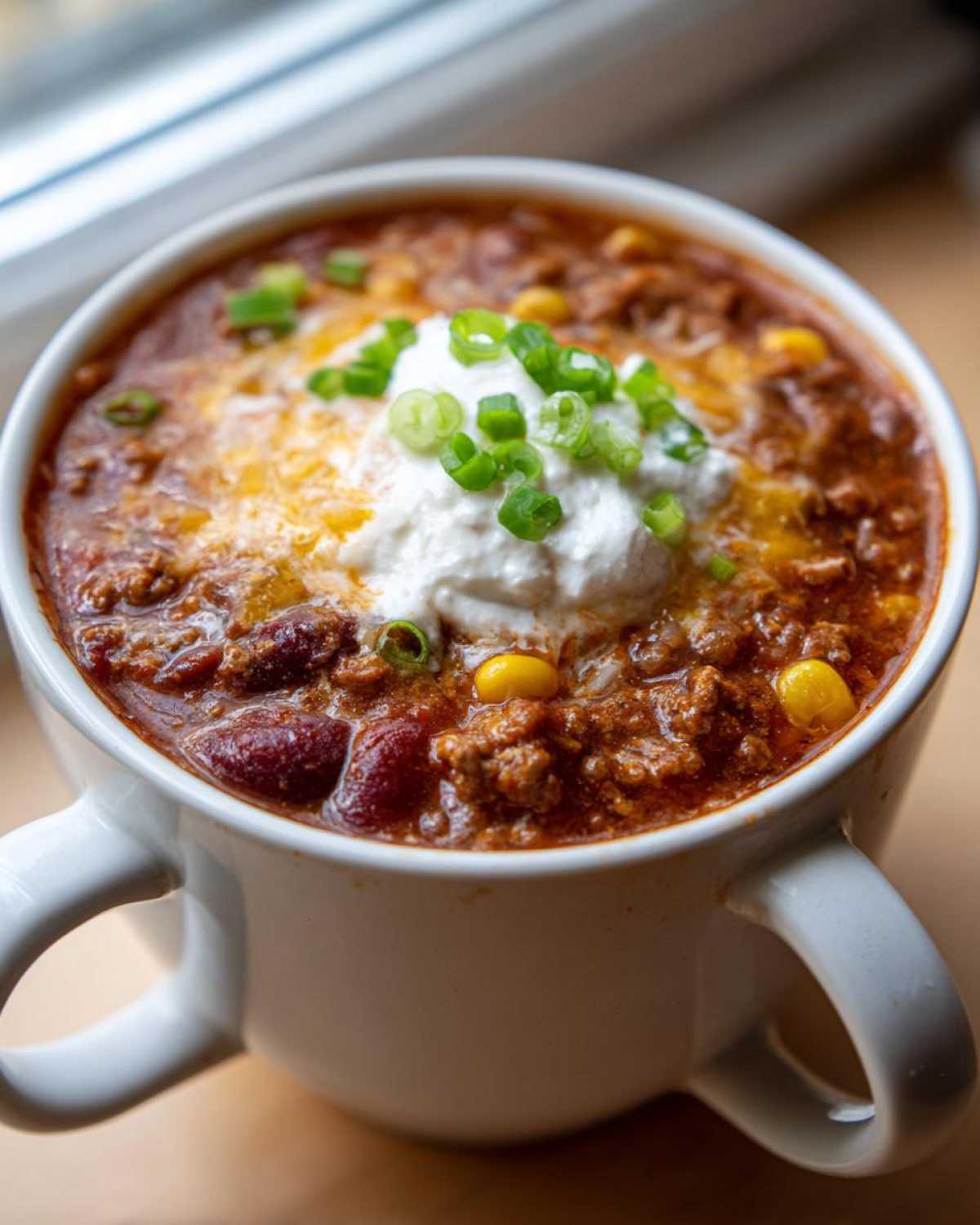 Close-up of a hearty bowl of crockpot cowboy soup topped with sour cream, cheese, and green onions.