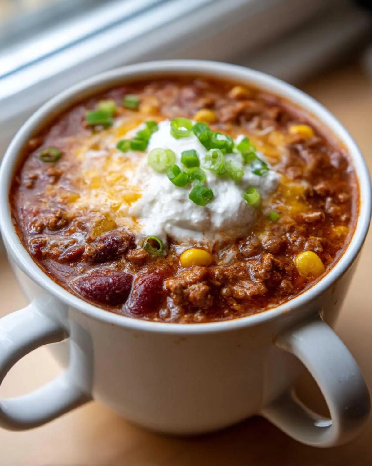 Close-up of a hearty bowl of crockpot cowboy soup topped with sour cream, cheese, and green onions.