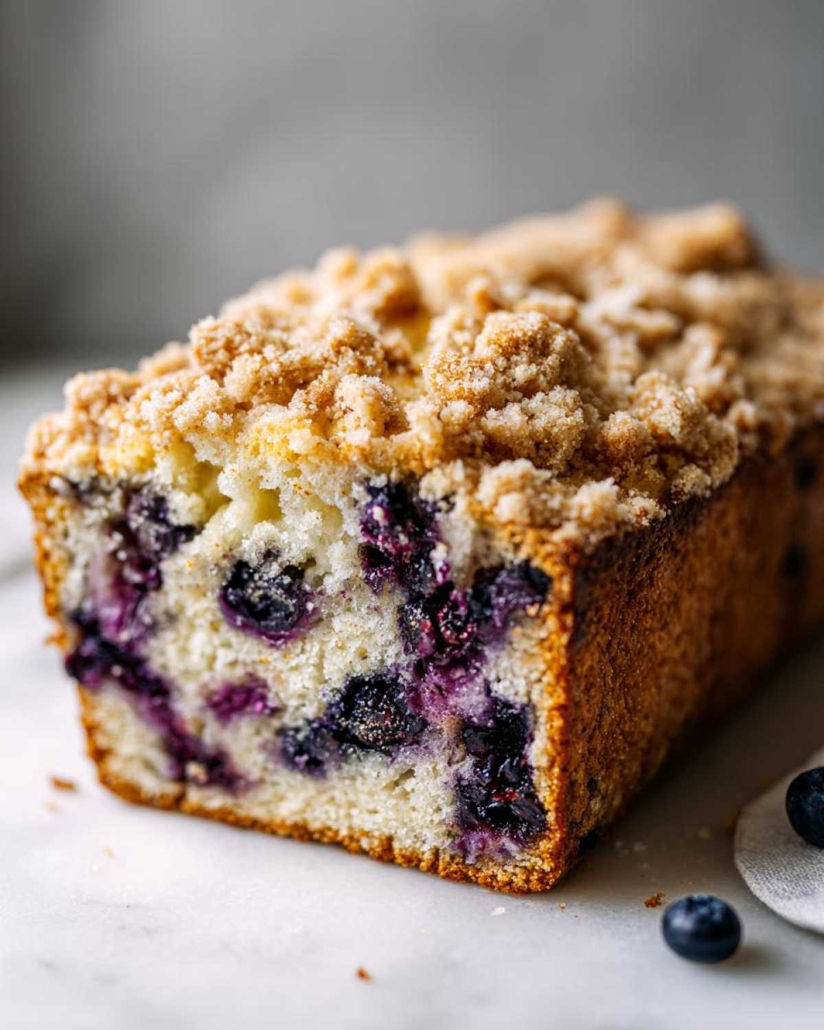 Close-up of a moist blueberry banana bread loaf topped with a golden brown streusel crumb topping.