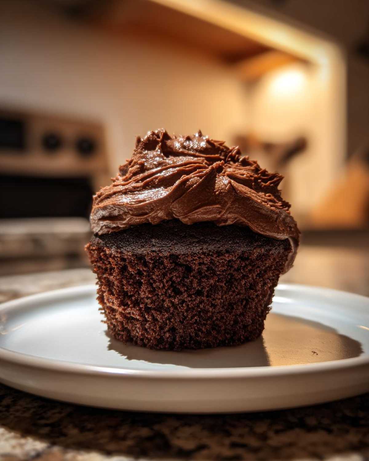 A close-up of a dark chocolate cupcake topped with thick, rich chocolate frosting, sitting on a white plate.