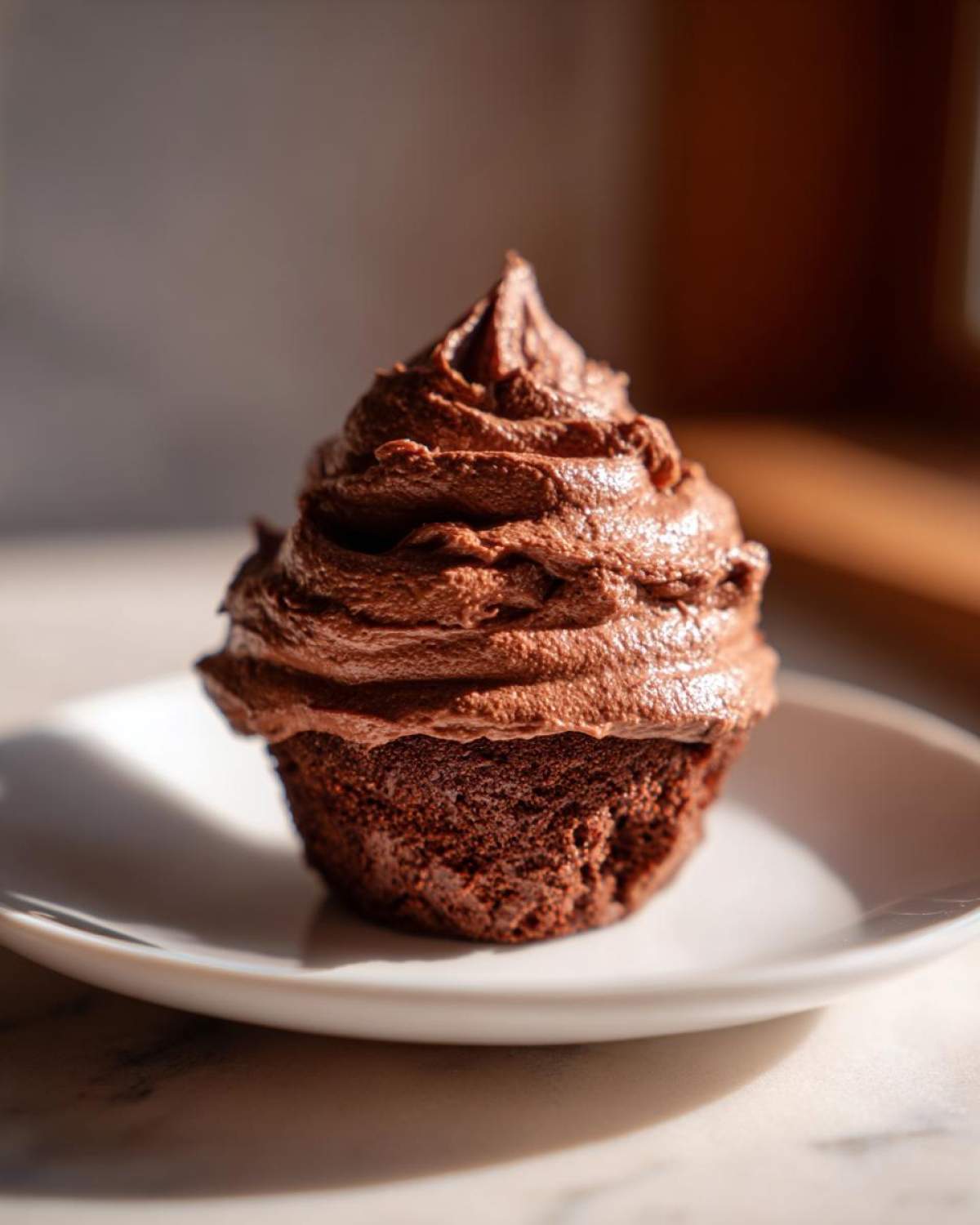 A single chocolate cupcake topped with a tall swirl of rich, decadent chocolate frosting on a white plate.