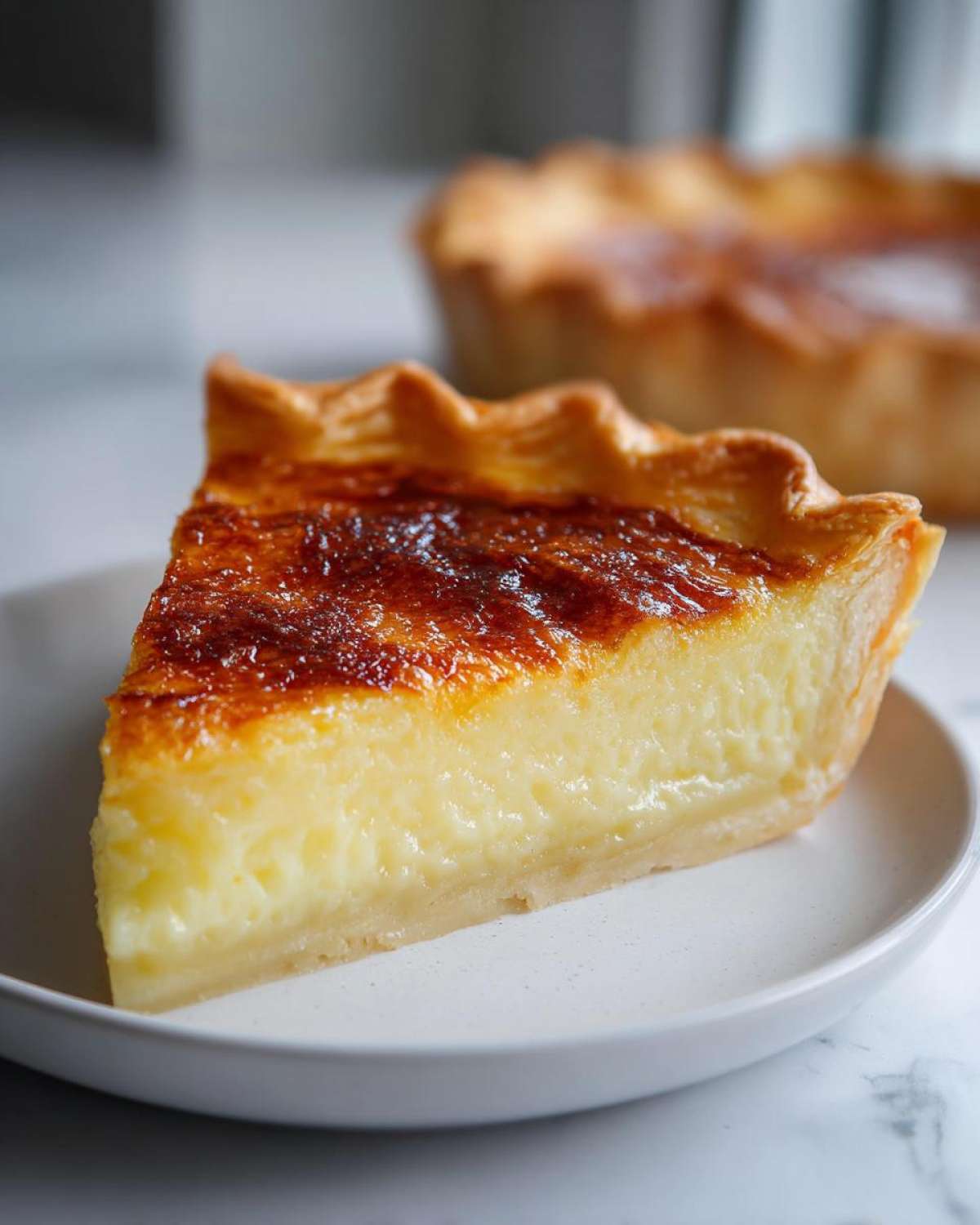 A close-up slice of creamy custard pie showing a golden-brown caramelized top and flaky crust.