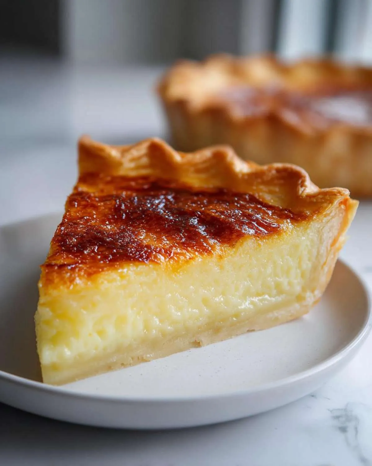 A close-up slice of creamy custard pie showing a golden-brown caramelized top and flaky crust.